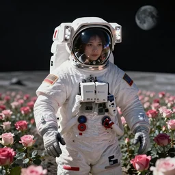 portrait of an astronaut in a dreamy sea of roses on the moon, cgsociety, high resolution, trending on art - station