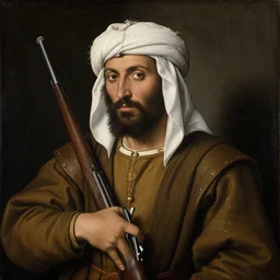 jan van eyck painting of bedouin man with rifle, northern renaissance portrait, cracking paint on canvas,