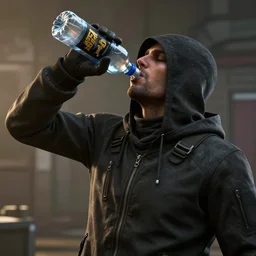 cloaker from payday 2 drinking from a bottle of water