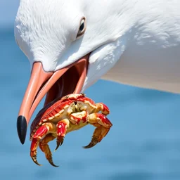 a red hermit crab, held in the beak by a seagull
