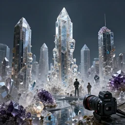 A beautiful hyper realistic detailed matte painting of a cyberpunk metropolis buildings made of crystal formations, geode, quartz, amethyst, diamond.  By Stephan Martiniere and John Howe and Andreas Rocha and Antonio Manzanedo, dynamic lighting, dramatic lighting, cinematic, PBR, path based rendering.  Hasselblad camera, landscape photography, 4k, 25mm lens, 35mm film, iso 25, f16.
