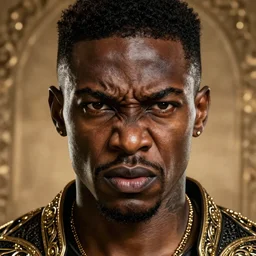 portrait of a bitter angry rogue black man. Epic fantasy. beautiful. hyperrealism symetric face cinematic top lighting, insanely detailed and intricate, face by wlop, Charlie Bowater, golden ratio, symmetric, elegant, ornate, luxury, elite, matte painting, cinematic, trending on artstation, deviantart and cgsociety, 8k, high resolution