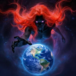 A ghostly presence floats through the universe, glowing eyes, infrared hair, pitch black skin, the destroyer of worlds reaches for earth, single face, psychedelic, highly detailed, digital painting, artstation, concept art, smooth, sharp focus, illustration, Unreal Engine 5, 8K, art by artgerm and greg rutkowski and alphonse mucha