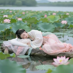 a beautiful picture of a girl in hanfu sleeps on the lake where lotus flowers are blooming,, by greg rutkowski and thomas kinkade, trending on artstation