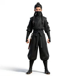 braided-hair ninja in black garb, detailed 3d character render, full body, standing, isolated on a pure white background, centered, whole figure in frame, sharp focus, studio lighting