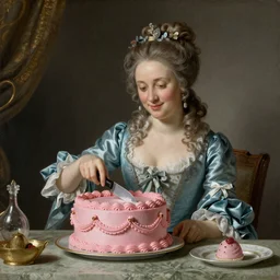 Marie Antoinette cutting a pink cake. Baroque painting, trending on artstation, 50mm