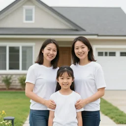 happy family near new house, two wife, instagram family photo shoot, perfect faces