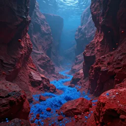 an ocean, strange alien landscape, realistic, rocky, red and blue, blue particles, strange red particles, strange, alien - - style, realistic, landscape, depth, movie lightning, realistic epic shaders, landscape