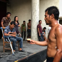 Blistered cups of coffee are being handed out by a stringy-haired, sweaty man who is wearing an I.V. drip in his arm and a cigarette between his lips. A few people clamber up onto the stage to sit on the rickety chairs that have been set out for them; others stand along the wall or lean against the cracked concrete pillars. The only ones sitting down are those with crutches or canes—they've brought their own seats.