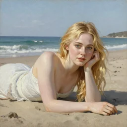 portrait painting of Elle Fanning laying on a beach, neo-classicism style