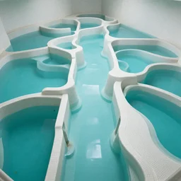 the Poolrooms, an expansive complex of interconnected rooms and corridors slightly submerged in undulating, lukewarm water. Each area of the level varies greatly in size and structure, ranging from uniform pools and hallways to more open, abnormally-shaped areas. The walls, ceilings, and floors of the level all appear to be constructed from the same white ceramic tile, with the only deviation from this color being the blue-green hue of the water.
