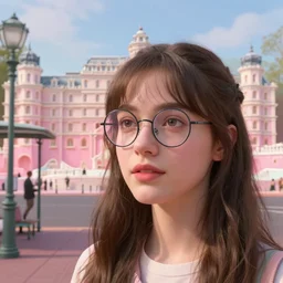 cinematic mid shot of a high detail, pretty, young woman's face looking off camera, with round glasses. fine facial features, painted like the sky, she stands against the sky, in a pastel colourful 3 d, bus stop street scene by jeffrey smart and gregory crewdson and edward hopper, inspired by the grand budapest hotel, lots of pastel colour