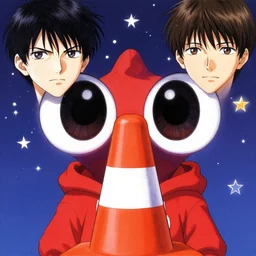 big anime eyes the little traffic cone demon wearing a red hoodie under stars mark riddick alexey egorov inio asano mangaka