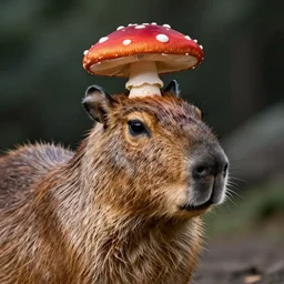a portrait of capybara with a redcap mushroom cap growing on its head by luis royo. intricate. lifelike. soft light. sony a 7 r iv 5 5 mm. cinematic post - processing