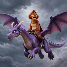 super - detailed timon & pumba riding a purple dragon in a storm, ultrarealistic, highly detailed, soft colors