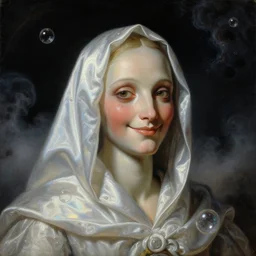 a baroque neoclassicist close - up portrait of a bug - eyed sci - fi figure smiling cloaked in silk with glowing bubbles. iridescent and reflective. foggy black background with dark puffy cosmic clouds. highly detailed science fiction painting by norman rockwell, frank frazetta, syd mead and moebius. rich colors, high contrast, gloomy atmosphere, dark background. trending on artstation.