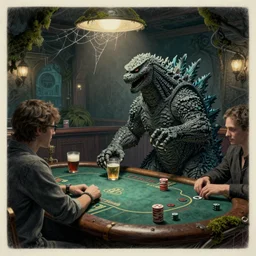 godzilla playing poker and drinking in a cozy bar, cobwebs, grunge, dungeon, mossy, volumetric lighting, hyper real, pencil art, moody lighting, eldritch horror, comfy
