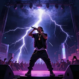 Lightning storm while rapper performs on stage, digital art, vapor wave, hip hop, blade runner, trending on Artstation, professional artist, detailed, 4k