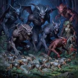 the nightmare beasts on the hunt and the prey on the run, art, detailed, intricate, non euclidian, vibrant, stability ai, andreas franke, lisa frank, chesley bonestell, h r giger, ren hang, rolf armstrong, cool lighting