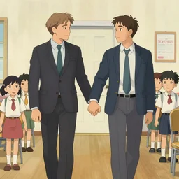 Mads Mikkelsen and Hugh Dancy holding hands romantically as they chaperone school dance by Michael Whelan, Bob Larkin and Tomer Hanuka, simple illustration, domestic, nostalgic, clean, full of details, by Makoto Shinkai and thomas kinkade, Matte painting, trending on artstation and unreal engine, New Yorker magazine cover, romance book cover