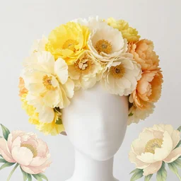 beautiful hairpiece made of yellow, cream, light orange and ivory flowers, peonies, illustrated by james jean and moebius, pastel colors,