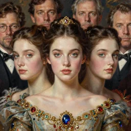 extra perfectness women, sweetest face, close - up, expansive dress with treasure's, gorgeous, extremely high details quality, bao phan, viktor safonkin, bruce pennington, larry elmore, norman rockwell, intricate, hyperrealistic oil painting on canvas, deep depth field, hd, hdr, 4 k, 8 k