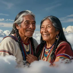 portrait of an indigenous amazonian grandfather and grandmother in the clouds, smiling, protection, benevolence, ancestors, detailed faces, art by artgem
