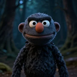focus portrait of dark angry muppet in night, dark forest background, bokeh, octane render