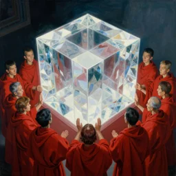 worshippers in red robes holding a very large crystal tesseract radiating white light, interior of a small room, glowing crystal tesseract, beksinski painting, part by adrian ghenie and gerhard richter. art by takato yamamoto. masterpiece, deep colours