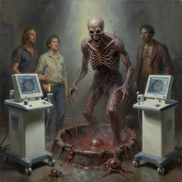 oil paint of 1 1 medical machines, terrifying, chemical plutonium quick lyme pit, by wayne d barlowe, boris vallejo, stefano tamburini, torch light, muted colors, epic, hyper detailed, awe inspiring, award winning horror, hyper realism, cinematic