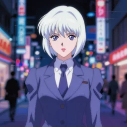 blurry and dreamy screencap of a character from 8 0 s horror anime, vampire woman with short white hair wearing dress suit with tie, satoshi kon anime, character design by yoshitaka amano and junji ito, glitchy vhs tape, streets of night tokyo in the background, perfect blue color palette, noisy film grain effect, blurry image