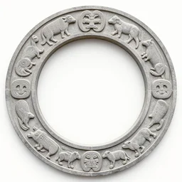 circular stone frame carved by patagonian aboriginal peoples, with detailed relief telling stories of animals and selknam, engraving by goya, symetrical