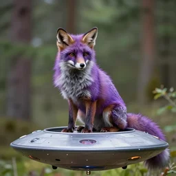 a purple fox with a long fluffy and shiny coat sits in the forest on a ufo flying saucer. super realistic photo. clear details