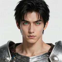 male with black hair and green eyes wearing paladin armor, realistic, detailed eyes, detailed, 4k, illustration, muscle, handsome, fantasy