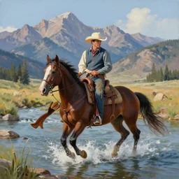 hyper realistic painting in realism style of a cowboy on a horse crossing a river with mountains in the background