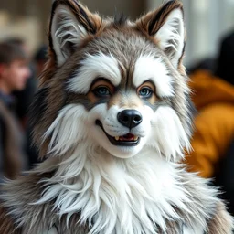a person wearing a fursuit of a wolf fursona, fursona, photograph, furry fandom