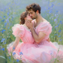 a portrait of a beautiful manly man in a dress, intimate, lovely, painting by antoine blanchard and charles camoin, digital painting, faded color disposition, vibrant neon pastel, pink dress, field of blue flowers, magical, aesthetic
