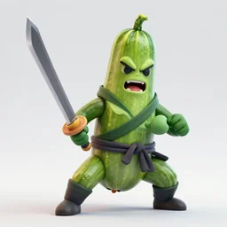 detailed 3 d render of a raging zucchini character with a ninja sword running on dirt road, scared tomates scattered everywhere, high speed action, explosions, dramatic scene, hyper realistic octane render, cinematic lighting, splatter, deviantart, black sky, lowbrow, frame from pixar movie