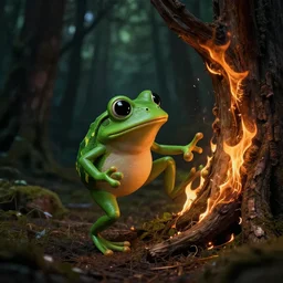 pepe the frog with black eyes kicking a burning tree in a forest, dark colors, shadow rich, high detail,