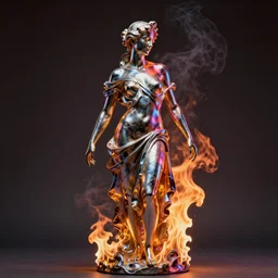 a vibrant photograph of a stunning woman sculpture created in reflective plastic / fire and smoke / lumen unreal 5, studio lighting / art by giovanni strazza, donatello and ellen jewett