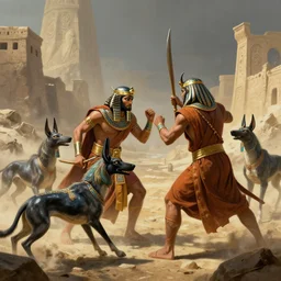 human monks fight Egyptian jackals, by Greg Rutkowski, 4k, cinematic, fantasy