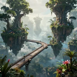 floating islands connected by bridges, avatar landscape, high - tech space cult with trees and plants and alien flowers, dramatic lighting, epic, octane render, volumetric light, unreal engine, artbreeder, 8 k, background, scene, digital, artwork, high quality, 8 k