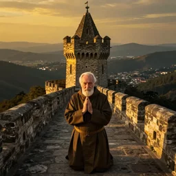 An old catholic priest kneeled in passionate prayer at the summit of a tall medieval tower. His face is bathed in ominous yellow light. He is looking straight at the camera right above him. Overhead view, 4K photograph