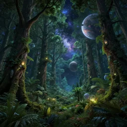 cosmic forest : : beautiful environment, lush, planets, trees, stars, glowing : : digital art, extremely detailed, intricate, photorealistic, realism, semi realism : :