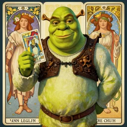 yann lecun as shrek, tarot in art style by alphonse mucha