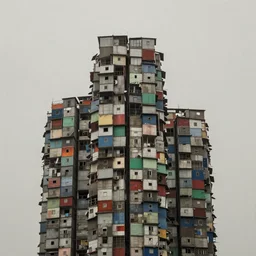 high towers, made up of colourful stacked makeshift squatter shacks, low saturation, plain uniform sky at the back, uneven fog, mamiya, ultra sharp, very detailed, photographed by julie blackmon