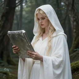 the goddess of memory holding large silver tablets in a forest, white hood, white robes, blonde, fantasy, magical, realistic and detailed, spiritual, supernatural, intricate, elegant, highly detailed, digital painting, trending on artstation, by wlop, 4 k octane render