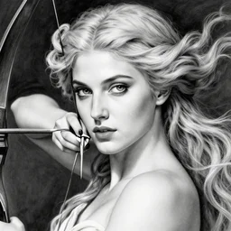 portrait of very beautiful aphrodite goddess as an archer, arrow on the head, beautiful piercing eyes, flowing blonde hair, realistic face, black and white drawing, in the style of greg rutkowski, fantasy, amazing detail, epic, intricate, elegant, smooth, sharp focus