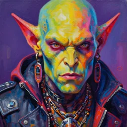 an apocalyptic scifi orcish biker character, psychedelic vibrant colors, futuristic punk rock fashion, oil painting by michael whelan art, perfect face, sharp focus, detailed eyes, realistic, 8 k