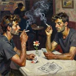 oil painting in the style of john craxton. sailors in the shadows of jazz club. crete. forearms. cheekbones. looking. strong expressions on faces. smoke. holding cigarettes. playing cards. scratch. strong lighting. brush. single flower. in the style of ivon hitchins. seated figure hands on table. line drawing. high detail.